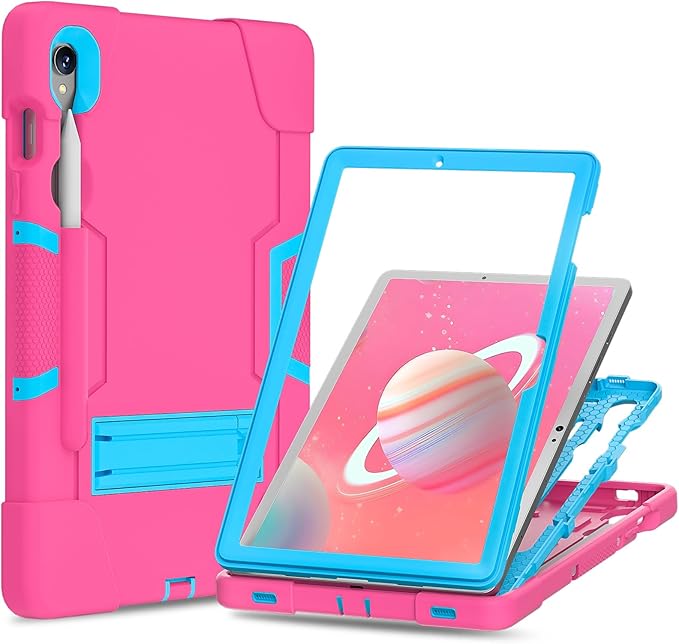 case for Galaxy Tablet S9 FE & S9 2023 (SM-X710/X718U/X716B/X510/X516B), Soft Silicone & Hard Pc 3-Layer Military Protector Cover for Tab S10 FE/S8/S7 with S-Pen Holder Stand Rose Red+Blue