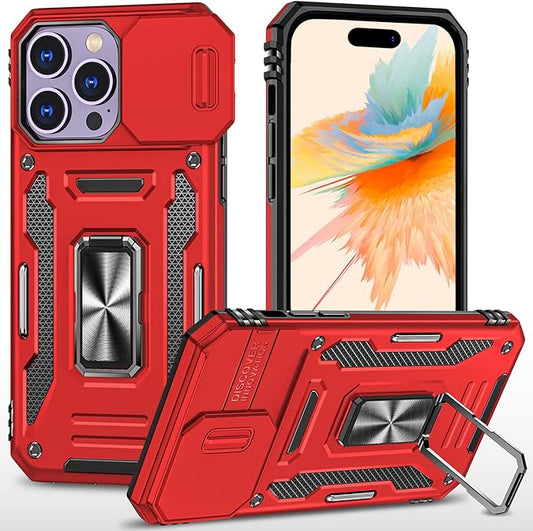 Case for iPhone 14 Pro Phone Case iPhone 14 Pro Case with Slide Camera Cover, with Finger Ring Holder Stand, fit Magnetic Car Mount, for iPhone 14 Pro (Red)
