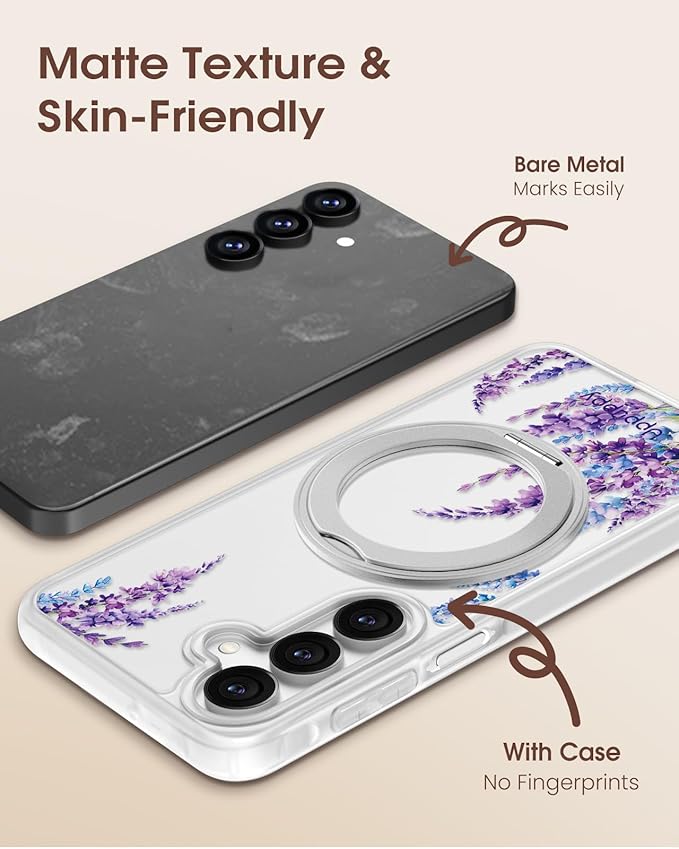 for Samsung Galaxy A16 4G/5G Case with 360° Rotatable Magnetic Ring - Semi-Transparent Anti-Fingerprint Soft-Touch Material Shockproof, Cute Purple Floral Design for Women Girl