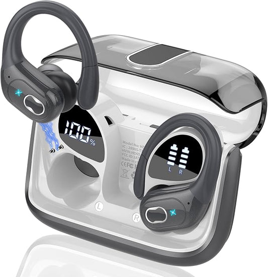 Wireless Earbuds 75hrs Bluetooth 5.4 Headphone Sport, 2025 Bluetooth Earbuds Stereo Deep Bass Over Ear Bud with Earhooks, ENC Noise Cancelling Mic, IPX7 Waterproof Earphone, Iron Gray