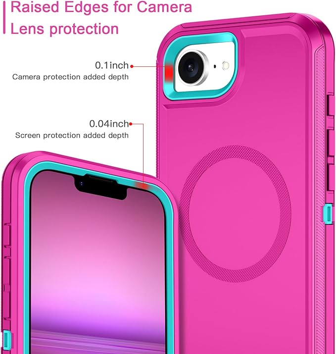 for iPhone 16e Case [Compatible with MagSafe] Shockproof 3-Layer Full Body Protection [Without Screen Protector] Rugged Heavy Duty Cover Case for Apple iPhone 16e 6.1" 2025,Rose Red/Green