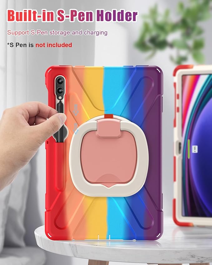 BRAECN Case for Samsung Galaxy Tab S10+/S9 FE+/S9+ 12.4” SM-X820/X610, Heavy Duty Silicone Cover w/Screen Protector/S Pen Holder/Kickstand/Shoulder Strap for Galaxy Tab S8+/S7 FE/S7+, Colorful Red