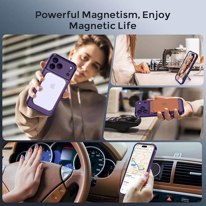 MOCCA Compatible with iPhone 17 Pro Case with Magnetic Invisible Stand [Full Camera Protection] [Compatible with Magsafe] Military Drop Shockproof Translucent Matte Phone Case Cover 6.3",Deep Purple