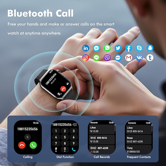 YMS Android Smart Watch for Women - 2.0",IP68 Waterproof Fitness Watches Bluetooth Call (Answer/Call),Heart Rate/Sleep/Pressure/Steps Monitor, Android & iOS,100+ Sports Trackers (Black(Milanese))