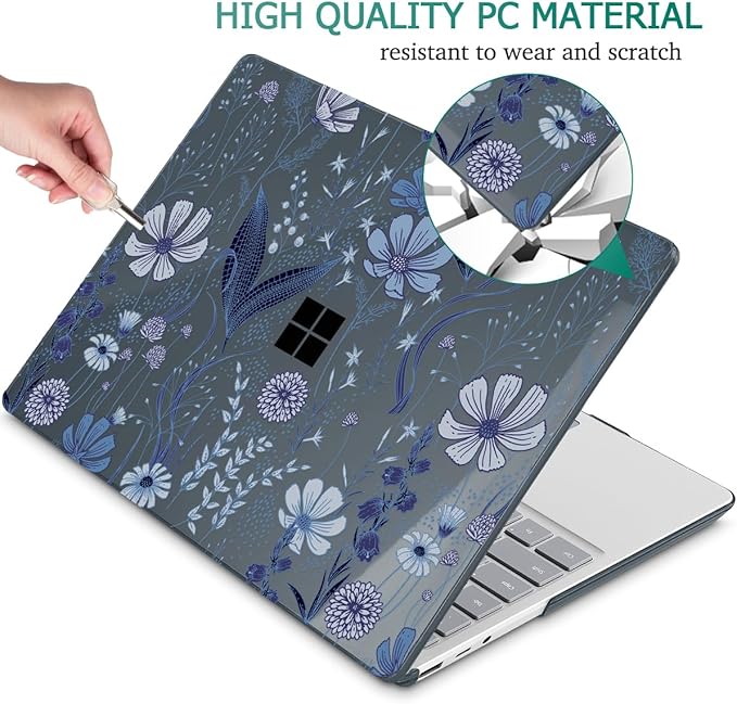 Tuiklol Case for 12.4 Inch Microsoft Surface Laptop Go 3/2 / 1 2023-2020 Releases, Plastic Hard Shell Case with Screen Protector and Keyborad Cover +Dust Plugs Model 2013/1943,Blue Line Floral