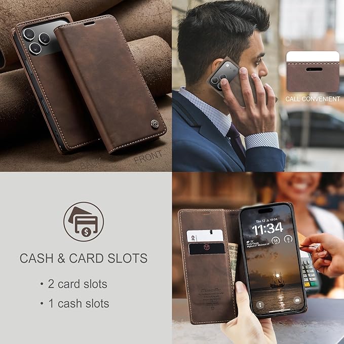 for iPhone 17 Pro Case, Flip Wallet Leather Case with Card Holder Magnetic Closure Shockproof Kickstand Protective Phone Cases Cover for iPhone 17 Pro, Coffee