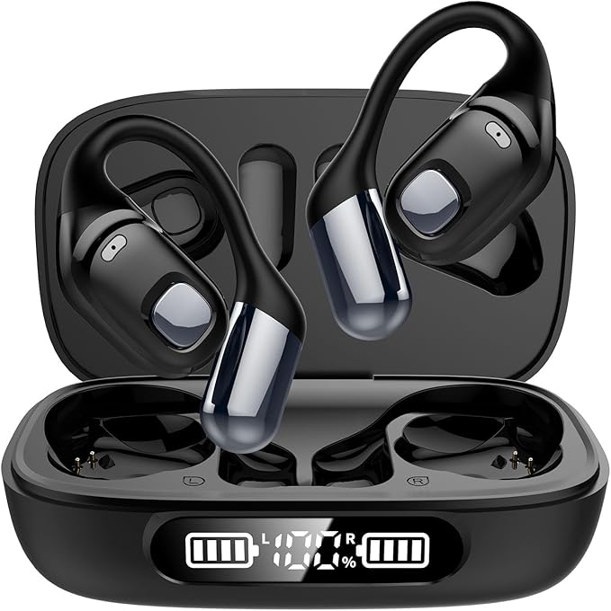 Open Ear Earbuds, Bluetooth 5.3 Wireless Air Conduction Headphones with Mic, LED Display Charging Case&Fast Charging, Ultra-Light Weight, 80H Playtime Earbuds for Work, Sports (Black)