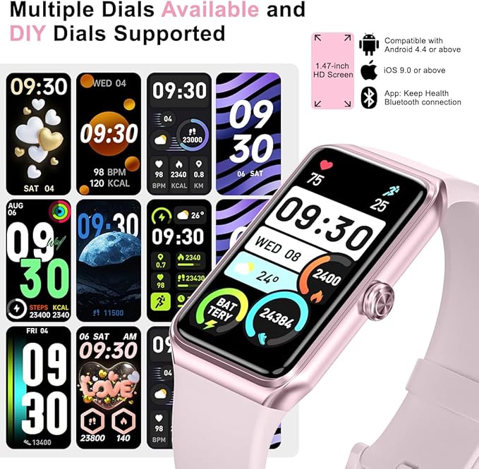 Fitness Tracker- Smart Watch with 1.47" Health Activity Trackers 24/7 Heart Rate,Stress Management, Monitor Blood Oxygen, Sleep Tracking Fitness Watch for Android iPhone Women Men (Pink)