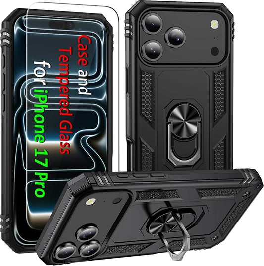 ADDIT Compatible with iPhone 17 Pro Case with Tempered Glass Screen Protector, Adjustable Kickstand Ring, Military-Grade Heavy Duty Protection, Shockproof, Anti-Fingerprint, Black