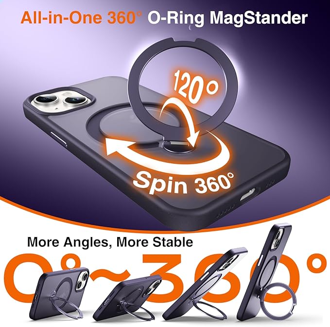 360° O-Ring MagStander for iPhone 15 Case with Magnetic Kickstand Ring Holder [Compatible with MagSafe][360°Rotate Stand Ring][Military Shockproof] Magnet iPhone 15 Phone Cover Matte Purple