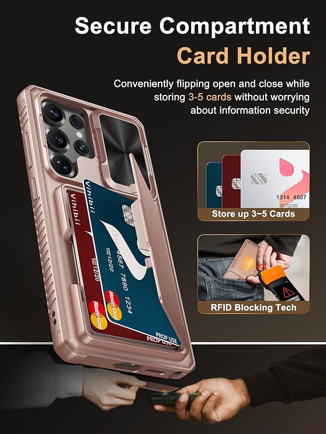 Vihibii for Samsung Galaxy S25 Ultra Case with Card Holder (4 Cards), [RFID Blocking] & Slide Camera Cover, Military Grade Drop Protection, Rugged Wallet Cover for Samsung Galaxy S25 Ultra, Rose Gold