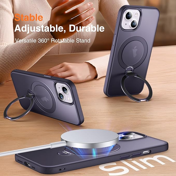 360° O-Ring MagStander for iPhone 13 Case, iPhone 14 Case with Magnetic Stand Ring Holder [Compatible with MagSafe][15FT Military Shockproof] Kickstand iPhone 13/14 Phone Cover Matte Purple