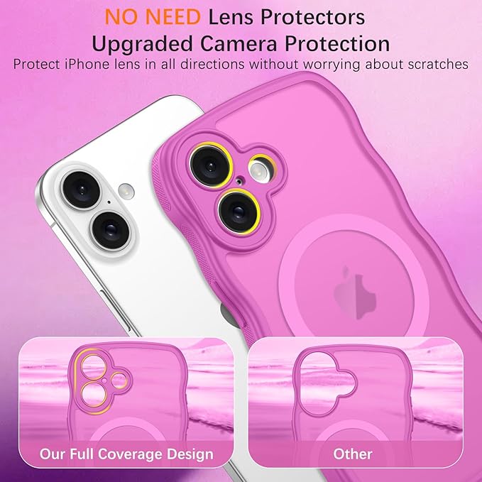 BENTOBEN for iPhone 16 Case Cute, Curly Wave iPhone16 Phone Case [Compatible with MagSafe], [Full Camera Protection] Slim Shockproof Translucent Matte 16 Magnetic Cover for Women Girls, Berry Pink