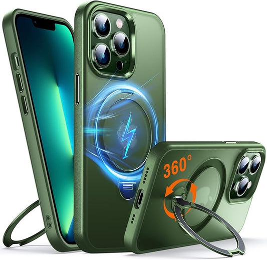 360° O-Ring MagStander for iPhone 13 Pro Case with Magnetic Kickstand Ring Holder [Compatible with MagSafe][360°Rotate Stand Ring][Military Shockproof] iPhone 13 Pro Phone Cover Matte Green