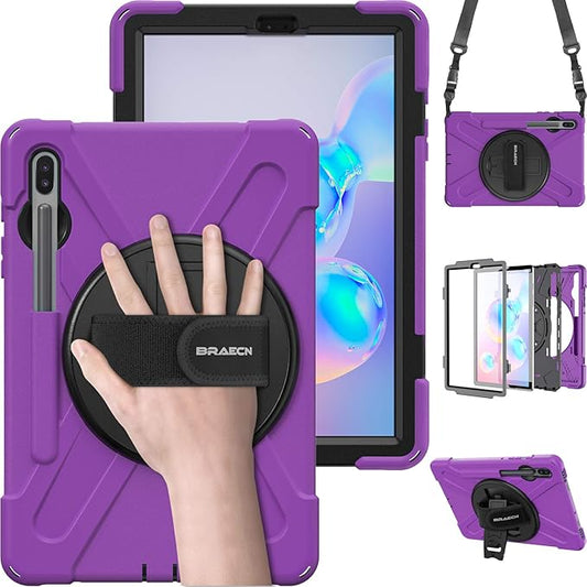 BRAECN Case for Galaxy Tab S6 10.5 2019,Hybrid Heavy Duty Shockproof Case with [Pen Holder][Handle Grip Strap][Rotating Stand][Shoulder Strap]for Galaxy Tab S6 10.5 inch SM-T860/T865/T867 2019-Purple