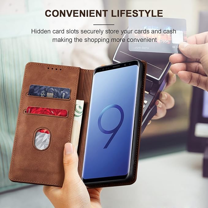 Jasonyu Flip Wallet Case for Samsung Galaxy S9,Leather Magnetic Folio Cover with Card Holder,Kickstand - TPU Shockproof Durable Protective Phone Case,Brown