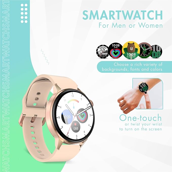 Smart Watch for Men & Women - Android Phones, Make/Answer Calls, Messaging, Voice Assistant, NFC Functions, Wireless Charging, Long Battery Life, Gold