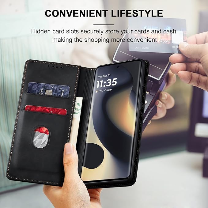 Jasonyu Flip Wallet Case for Motorola Edge (2024) 5G,Leather Magnetic Folio Cover with Card Holder,Kickstand - TPU Shockproof Durable Protective Phone Case,Black