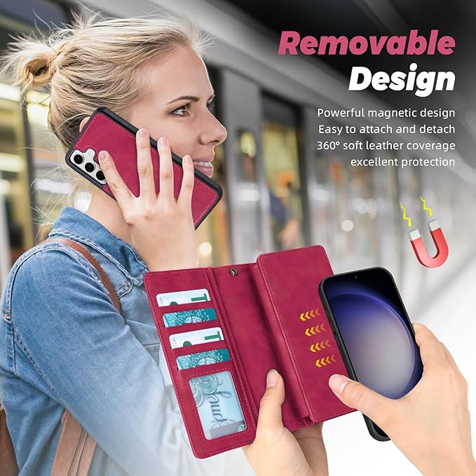 TwoHead for Samsung Galaxy S23 Wallet Case with Card Holder & Detachable Magnetic Phone Case for Galaxy S23,PU Leather Shockproof Protective Phone Cover Wallet with Wrist Strap(6.1 in,Wine Red)
