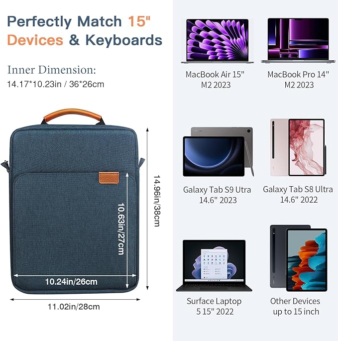 MoKo 15 Inch Laptop Sleeve Bag Fits MacBook Air 15" M2 2023, MacBook Pro 14" M2 2023, Galaxy Tab S9 Utra 14.6" 2023, Handle Carrying Case with Shoulder Strap, Indigo