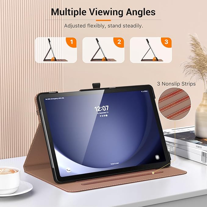 MoKo Case for Samsung Galaxy Tab A9 Plus 11" 2023 (SM-X210/SM-X216/SM-X218), PU Leather Multi-Angle Viewing Folding Stand Cover Case with Hand Strap, Front Pocket, Auto Wake/Sleep, Brown