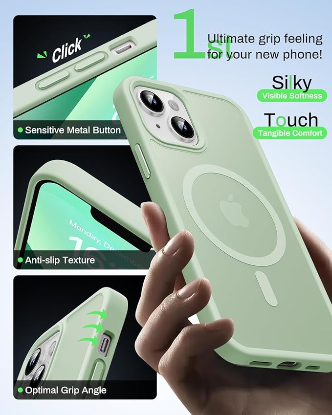 Magnetic for iPhone 13 Case & iPhone 14 Case, Compatible with MagSafe, Military Grade Drop Protection, Slim Shockproof Anti-Fingerprint Translucent Matte Phone Protective Cover, Light Green