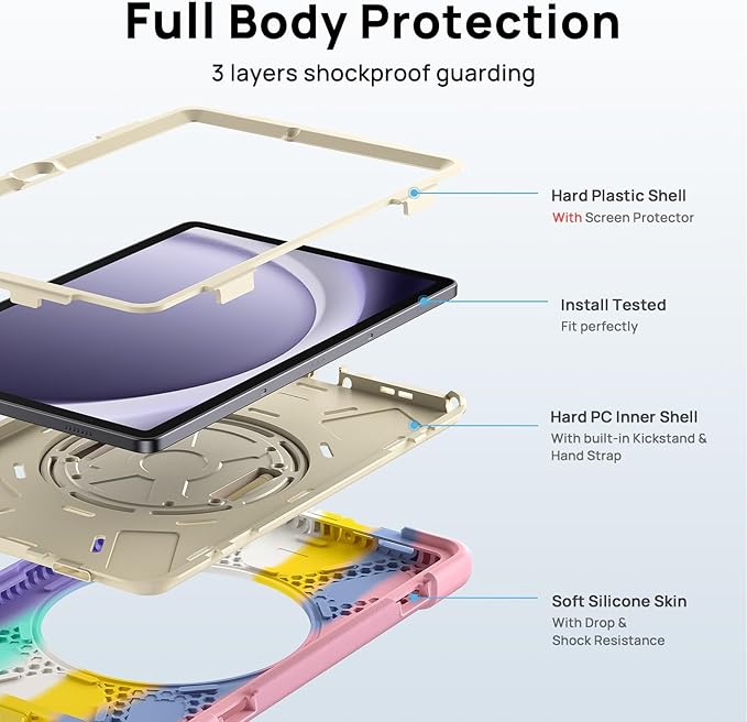 Gerutek Case for Samsung Galaxy Tab A9+/ A9 Plus Case 11" 2023, Full-Body Drop Protection Shockproof Cover with Screen Protector, 360° Rotating Stand, Hand/Shoulder Strap, Pencil Holder, Dazzling Pink