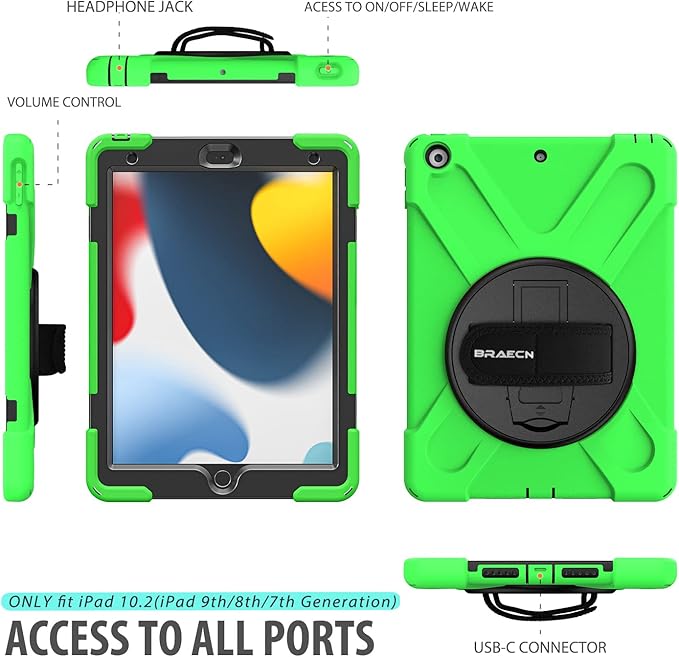 BRAECN for iPad 9th/8th/7th Generation Case, iPad 10.2 inch Heavy Duty Rugged Case with Built in Screen Protector, Hand Strap, Swiveling Stand/Shoulder Straps for iPad 10.2 2021/2021/2019-Green