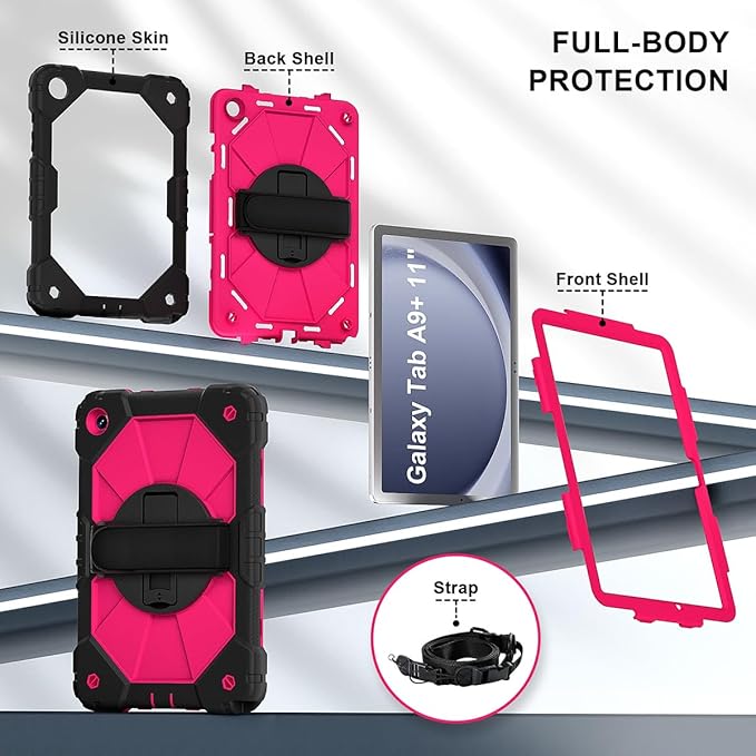 Case for Samsung Galaxy Tab A9+ 11 Inch 2023 (X210/X216/X218), Heavy Duty Shockproof Rugged 360 Rotating Hand Strap Protective Case for Galaxy Tab A9 Plus Tablet, Black/Rose Red
