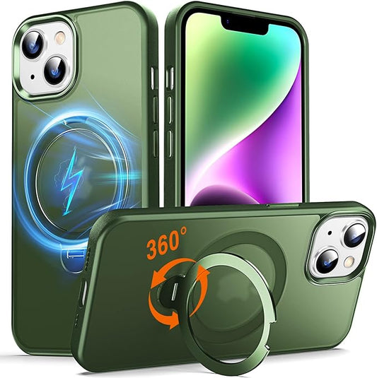 360° O-Ring MagStander for iPhone 13 Case, iPhone 14 Case with Magnetic Stand Ring Holder [Compatible with MagSafe][15FT Military Shockproof] Kickstand iPhone 13/14 Phone Cover Matte Green