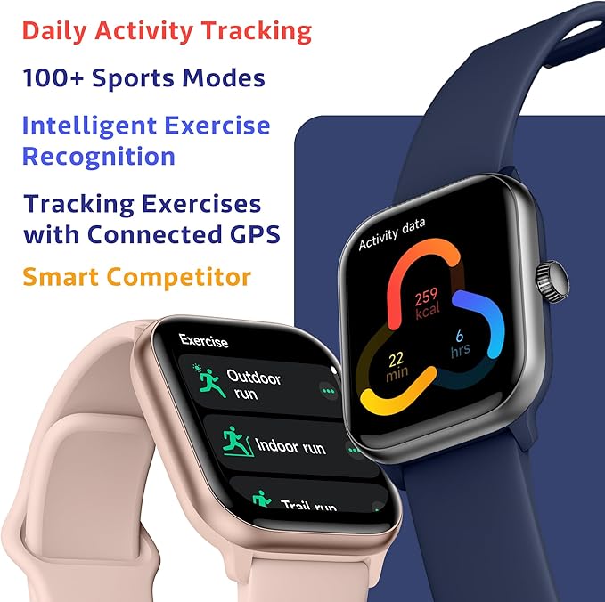 OCTANDRA Pulse 2 VeryFit Smart Watches for Men Women, Alexa Built-in 1.85" AMOLED Screen IP68 Fitness Tracker Watch, Body Energy/Heart Rate/Oxygen Saturation/Stress/Step/Sleep Monitor (GTX10) (Blue)