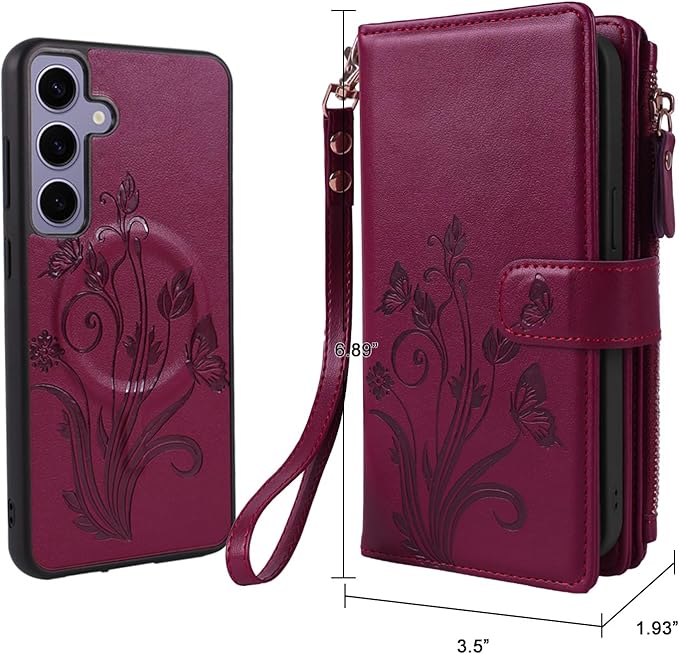 Lacass for Samsung Galaxy S24 FE S24FE Case Wallet,Compatible with MagSafe 2 in 1 Magnetic Detachable PU Leather RFID Blocking Wallet Cover Card Holder Zipper Wrist Strap Lanyard,Floral Wine Red