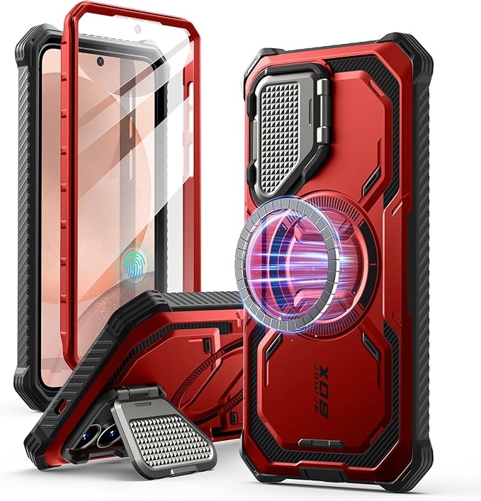 i-Blason for Samsung Galaxy S25 Case with Camera Cover Stand [MagSafe Compatible] [Built-in Screen Protector] Full-Body Military-Grade Protection Rugged Magnetic Phone Case for S25 6.2'', Red