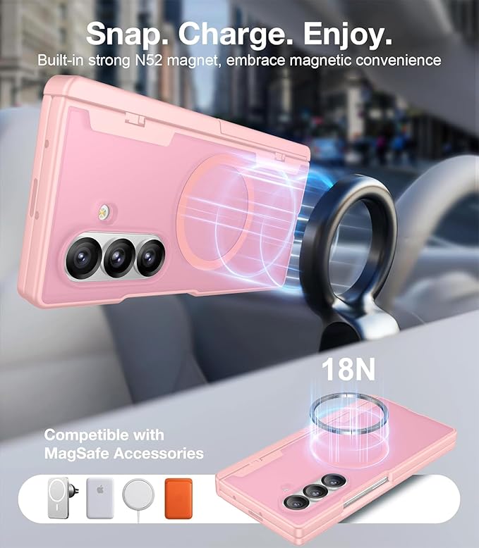 Temdan Magnetic for Samsung Galaxy Z Fold 7 Case,[Compatible with MagSafe][Built-in HD Screen Protector&Invisible Kickstand][Hinge Protection]Translucent Matte Shockproof Phone Case for Z Fold 7,Pink
