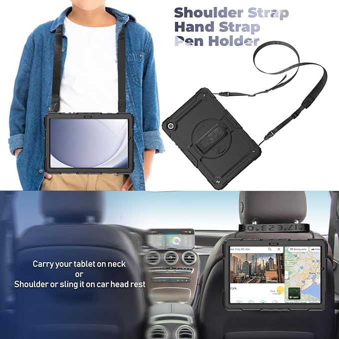 Bundle of Case for Samsung Galaxy Tab A9 Plus 11 Inch 2023 with Tempered Glass Screen Protector Pencil Holder,BLOSOMEET Galaxy A9+ Plus Tablet Case with Shoulder Strap Hand Strap&Stand,Black
