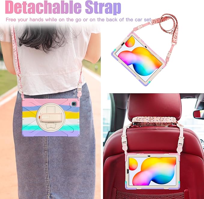 BRAECNstock Kids Case for Samsung Galaxy Tab S6 Lite 10.4 inch 2024/2022/2020 (SM-P620/P610/P619) with Pen Holder Rotating Hand Strap & Stand Shockproof Protective S6 Lite Tablet Case - Colorful Pink