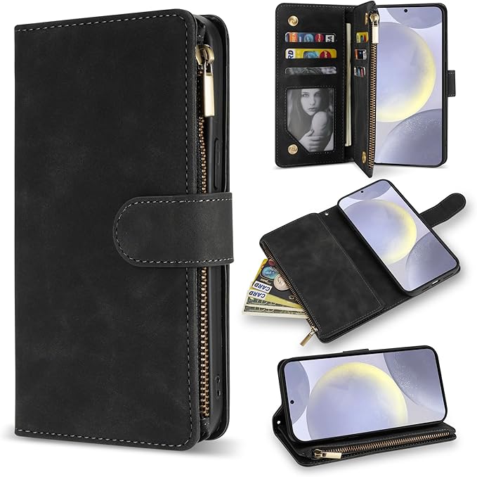 ZZXX for Samsung Galaxy S24 Plus Wallet Case with RFID Blocking Card Slot PU Leather Zipper Flip Folio with Strap Kickstand Protective Cover for Samsung Galaxy S24+ Case Wallet(Black-6.7 inch)