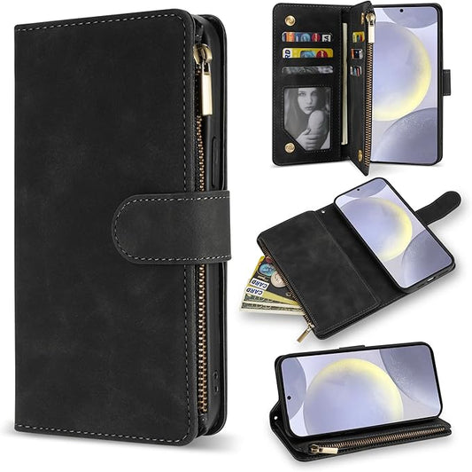 ZZXX for Samsung Galaxy S24 Plus Wallet Case with RFID Blocking Card Slot PU Leather Zipper Flip Folio with Strap Kickstand Protective Cover for Samsung Galaxy S24+ Case Wallet(Black-6.7 inch)