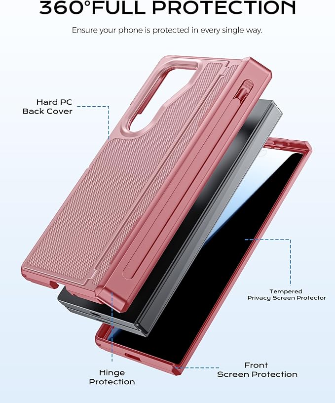 for Samsung Galaxy Z Fold 5 Case with S Pen Holder & Privacy Screen Protector & Kickstand & Hinge Protection, Full Body Cover Hard Non-Slip Shockproof Case for Galaxy Z Fold 5 (Pink)