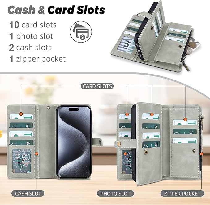 TwoHead Wallet Case Compatible with iPhone 15 Pro,Detachable Magnetic Phone Case,All-Round Protective Leather Phone Case with Card Holder,6.1 in,Gray