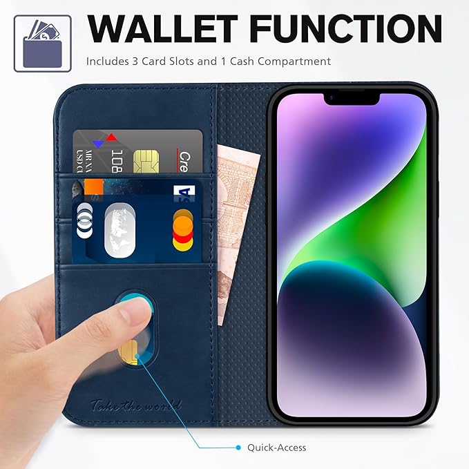 TUCCH Wallet Case for iPhone 14 6.1 5G, PU Leather Folio with [RFID Blocking] [3 Card Slot], Kickstand Book Design [Shockproof TPU Interior Shell] Compatible with iPhone 14 6.1-inch, Dark Blue