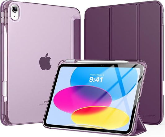 MoKo for iPad (A16) 11th Generation Case 11 Inch 2025, iPad 10th Generation Case 10.9 Inch 2022 with Pencil Holder, Slim Light Trifold Protective Cover with Hard PC Translucent Back Shell, Dark Purple