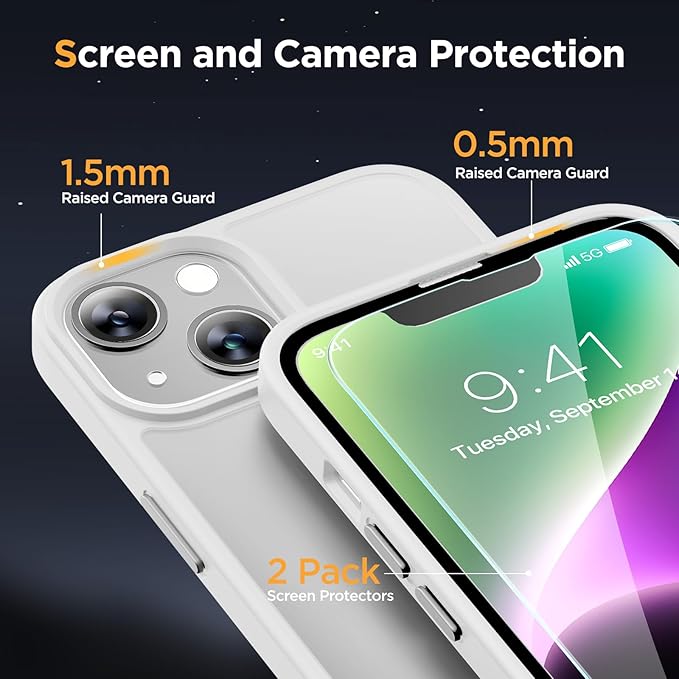 Miracase Magnetic for iPhone 14 Case 6.1 inch (Compatible with MagSafe)（with 2X Screen Protectors） Military-Grade Protection, Anti-Fingerprint Translucent Matte Phone Case Cover, White