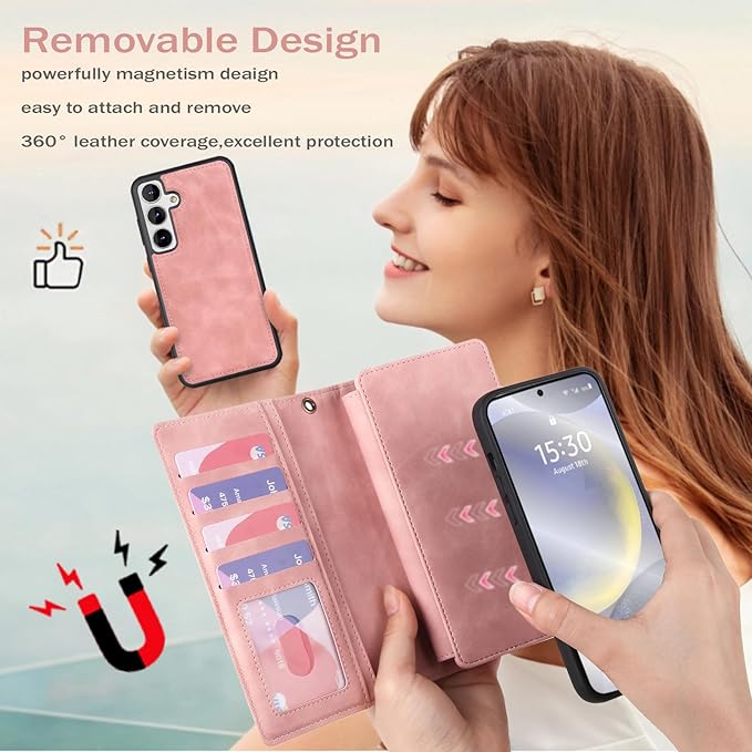 TwoHead for Samsung Galaxy S24 Plus Wallet Case with Card Holder, Detachable Magnetic Phone Case for S24 Plus,PU Leather All-Round Protective Phone Case Wallet with Wrist Strap,Pink