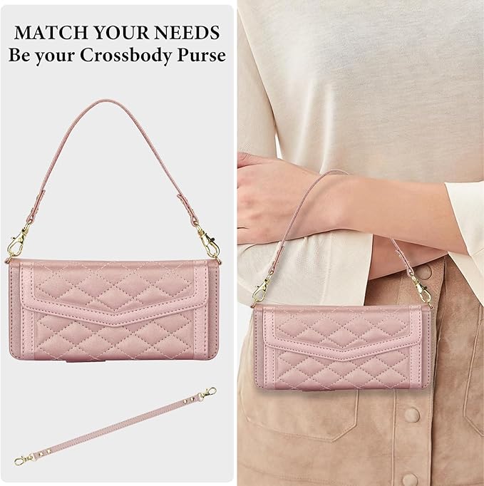 for Samsung Galaxy Z Fold 7 Wallet Case - Stitching Pattern RFID Blocking Card Holder, S Pen Slot Crossbody Strap, Full Body Protection Flip Cover for Women Rose Gold