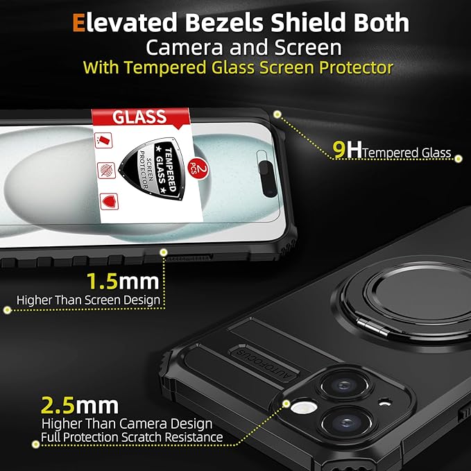 for iPhone 15 Case Compatible with MagSafe Magnetic,with 2 Tempered Glass Screen Protectors,Built-in 360°Kickstand Ring,Military Grade Drop Shockproof Heavy Duty Protection Phone Bumper Black