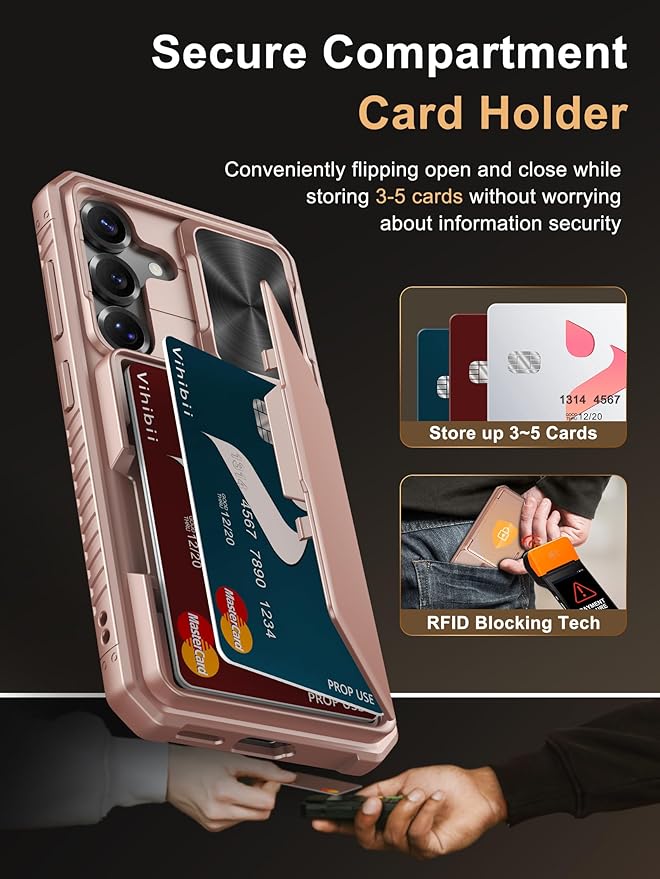Vihibii for Samsung Galaxy S25 Case with Card Holder (4 Cards), [RFID Blocking] & Slide Camera Cover, Military Grade Drop Protection, Rugged Wallet Case for Samsung Galaxy S25 6.2" 5g 2025, Rose Gold