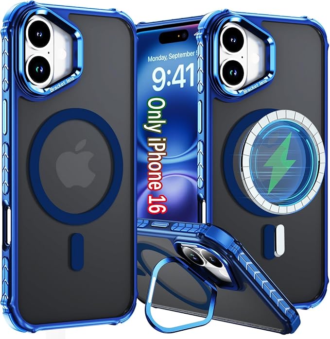 16 Case for iPhone 16 Phone, 6.1 Inch, with Stand, [Compatible with MagSafe] Heavy Duty Rugged Drop Protection Case [Compatible with MagSafe] Magnetic Phone Case for iPhone16, Blue