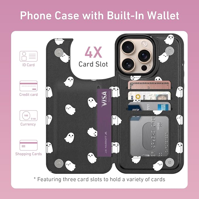 FUNMIKO for iPhone 16 Pro Max Wallet Case with Card Holder, RFID-Blocking, Military-Grade Protection & UV-Printed Artwork, Magnetic Closure with Leather Kickstand - Cute Ghost