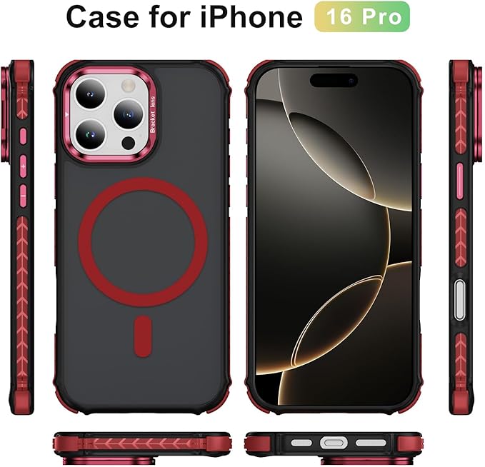Magnetic for iPhone 16 Pro Case Red with MagSafe Wireless Charging Heavy Duty Military-Grade Shockproof Protection Adjustable Kickstand Slim Matte Anti-Fingerprint Cover Men Women